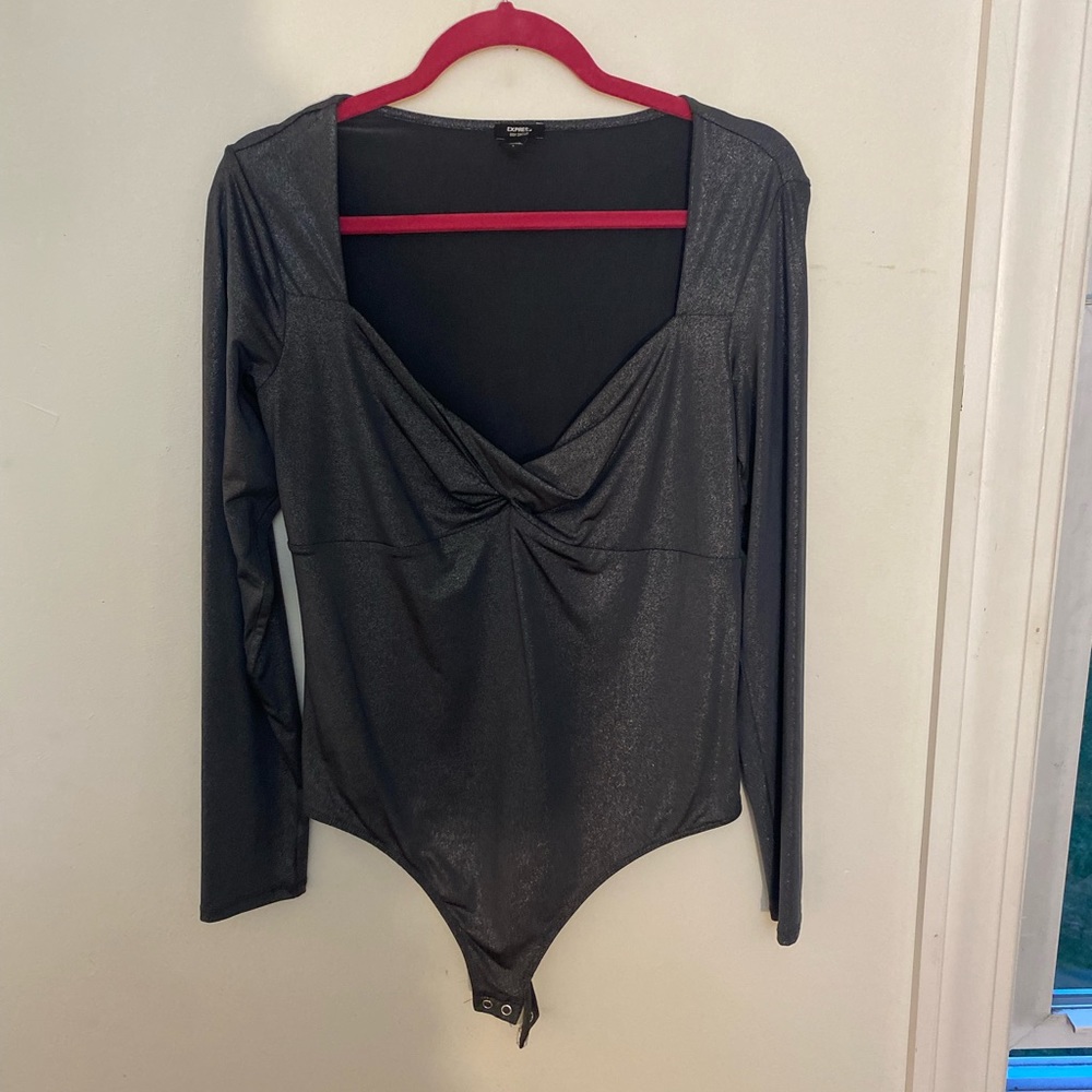 Express Body Contour Metallic Gray Twist Front Body Suit - Picture 3 of 11
